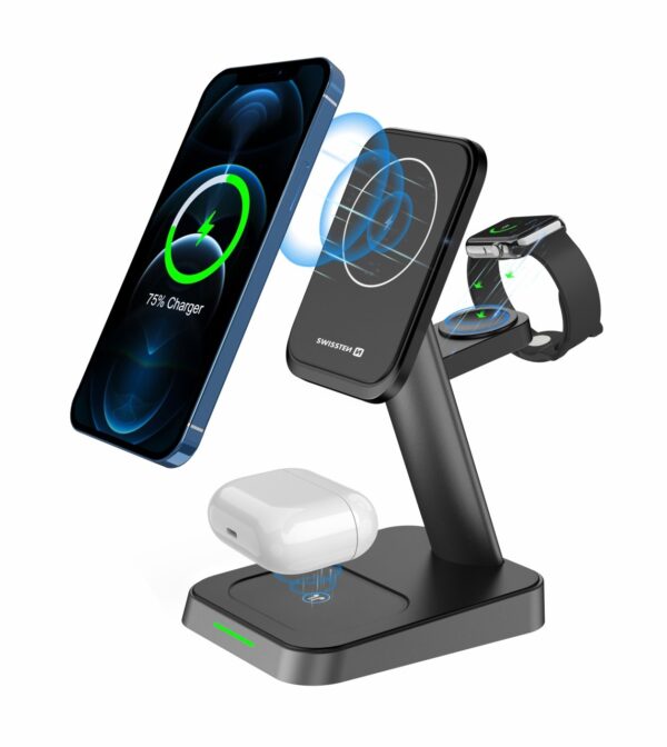 Swissten Swissten 3 in 1 Draadloze Oplader - MagSafe standaard - voor iPhone, Airpods en Apple Watch - 22.5W - Zwart